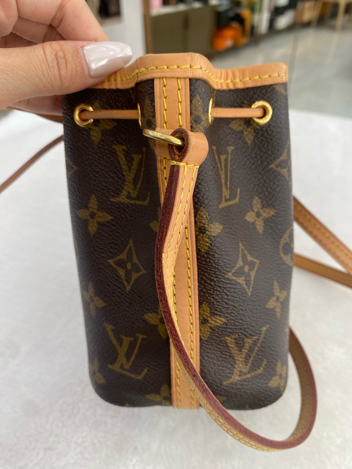 Authentic Louis Vuitton Nano Noé Monogram Canvas, Vachetta Leather Bucket Bag