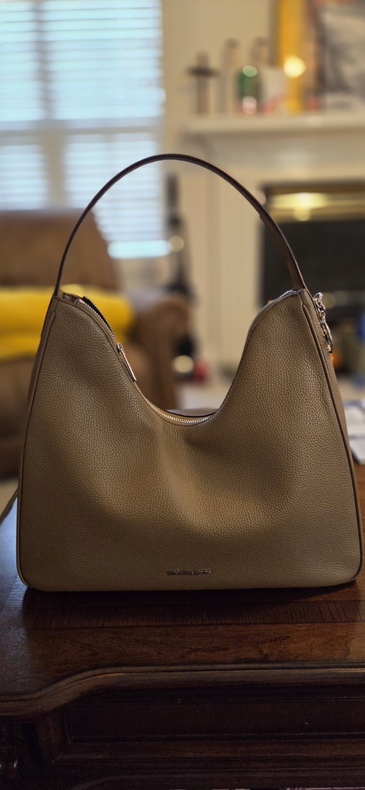 Michael Kors Taupe Pebbled Hobo Shoulder Bag Zip Closure MK Charm, Pockets