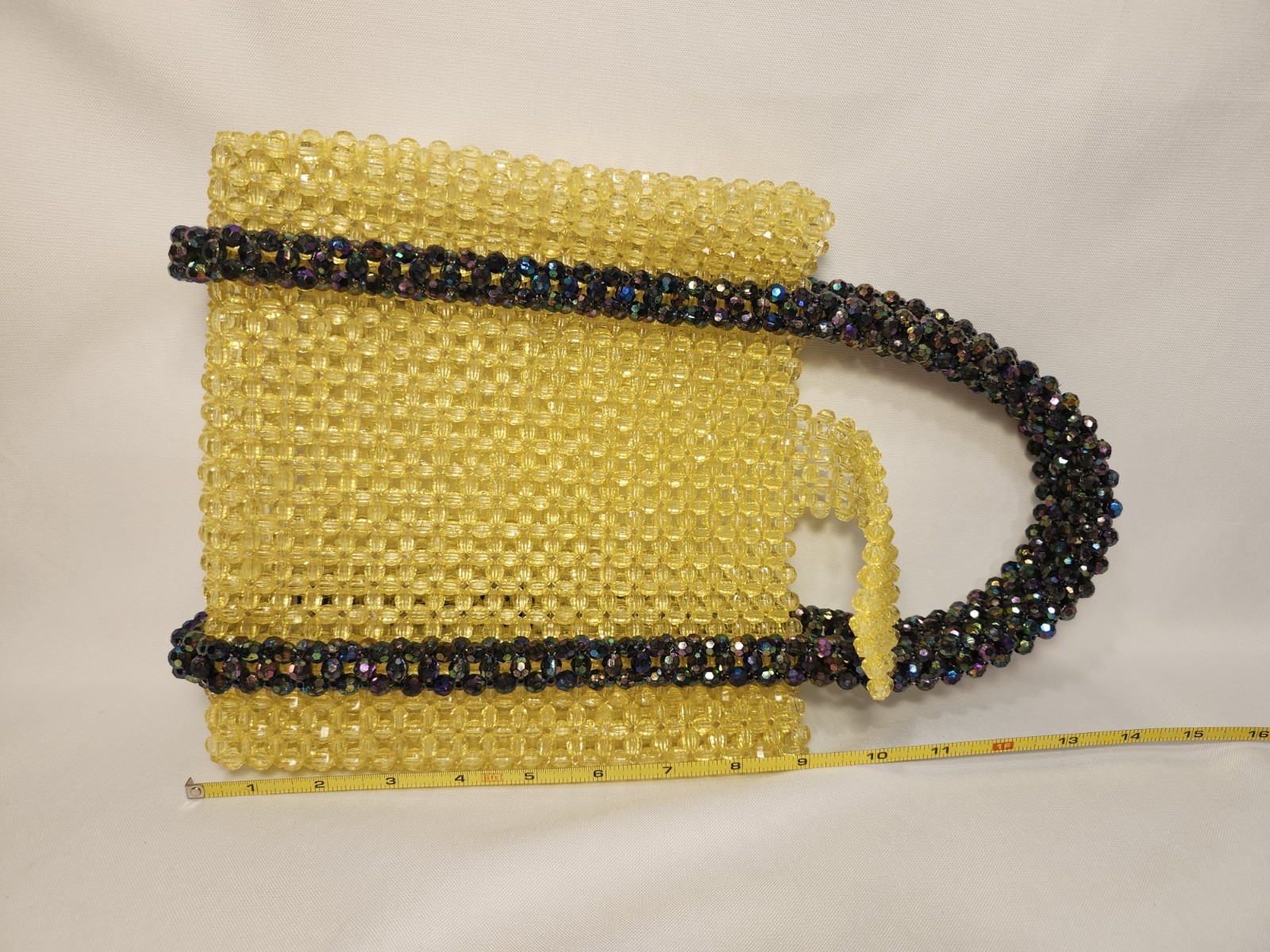 Homemade Yellow Beaded Bag With Black Beaded Handles