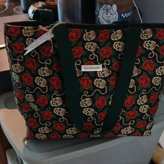 Handmade Black Tote Bag Red Roses Skull Print Double Green Handles Lined Pockets