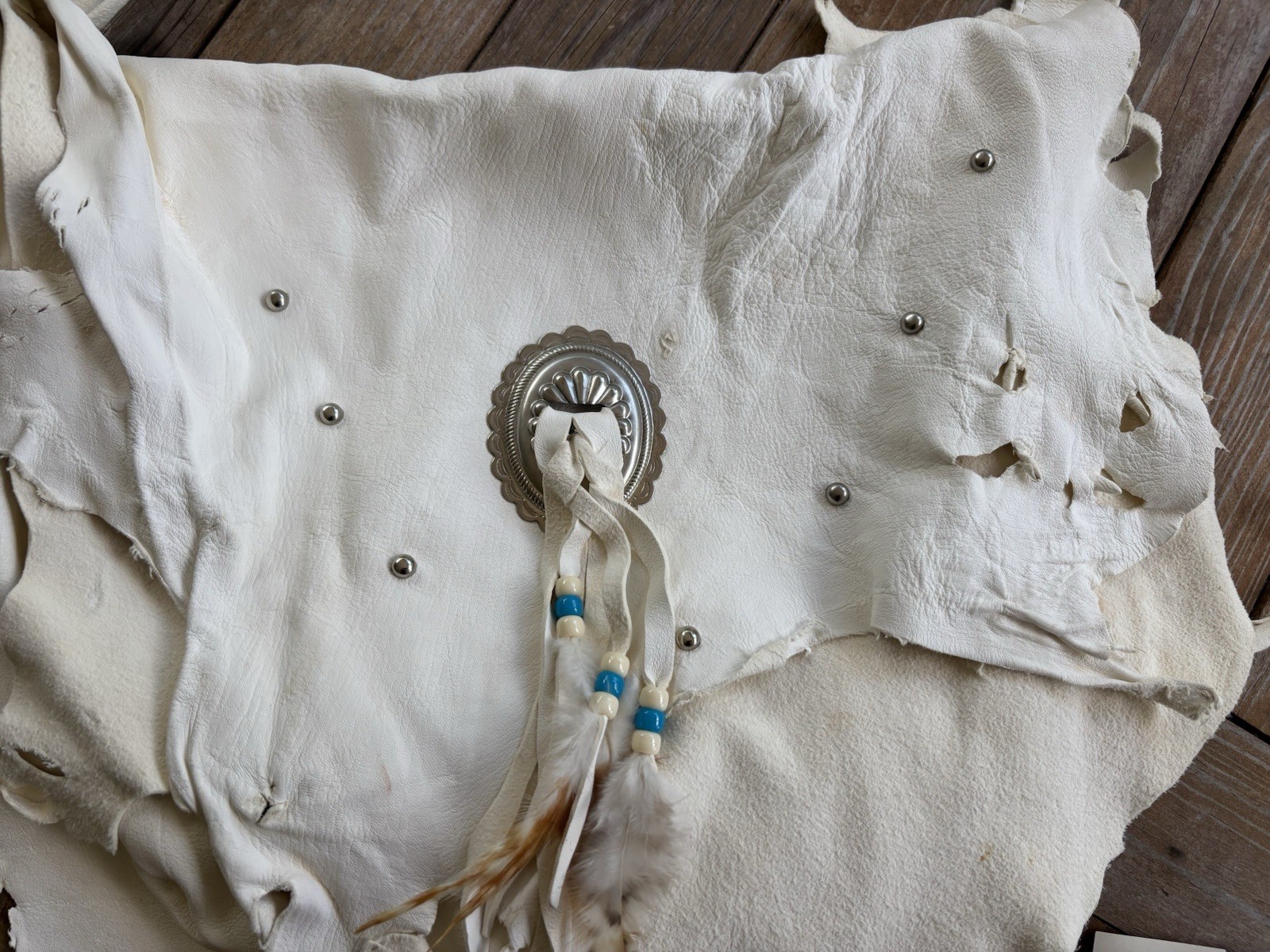 Vintage Deer Hide Leather Ivory Purse Vision by Chico NWT SW Feather Bead Fringe