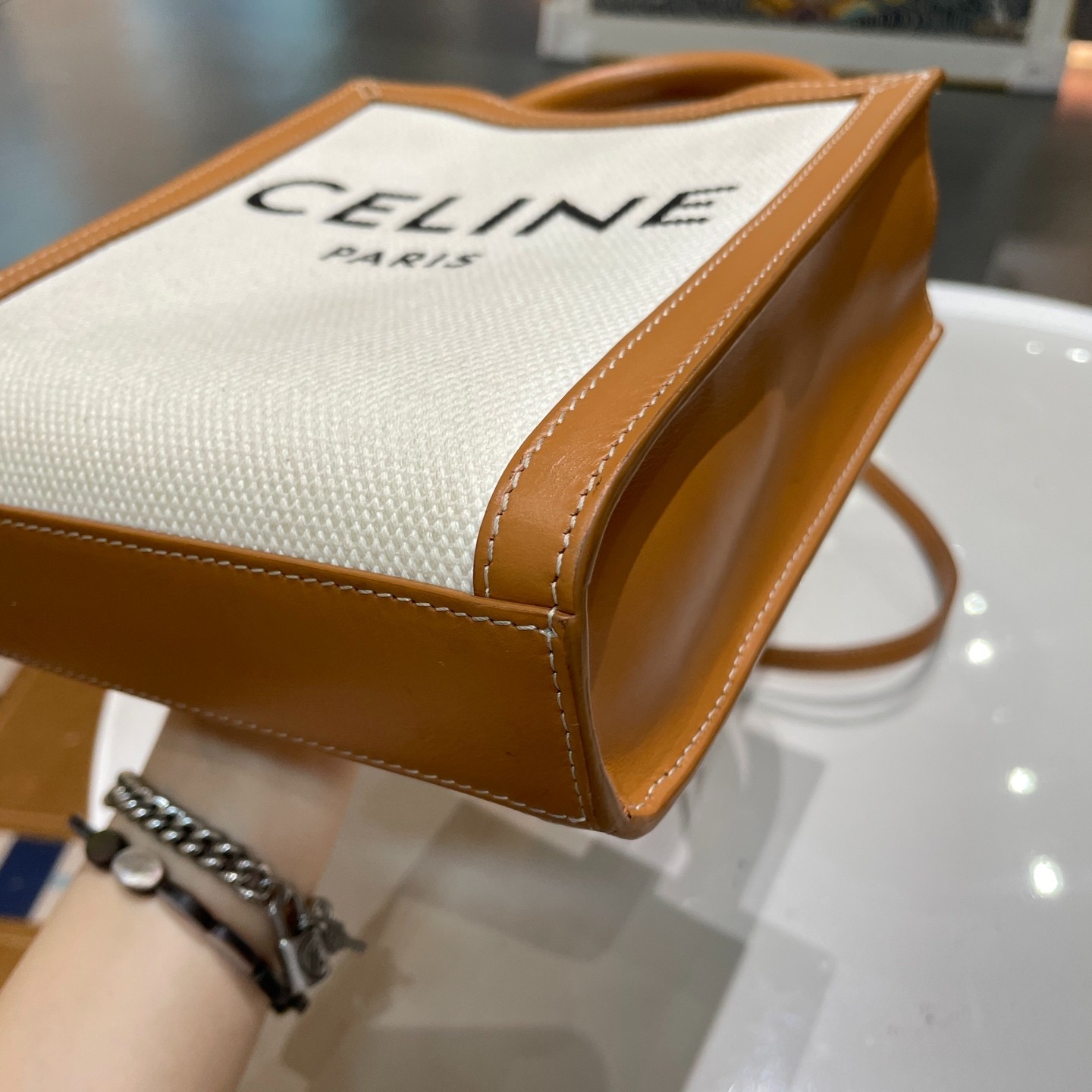 Preloved Celine Mini Vertical Tote Off White Canvas Tan Leather Crossbody bag