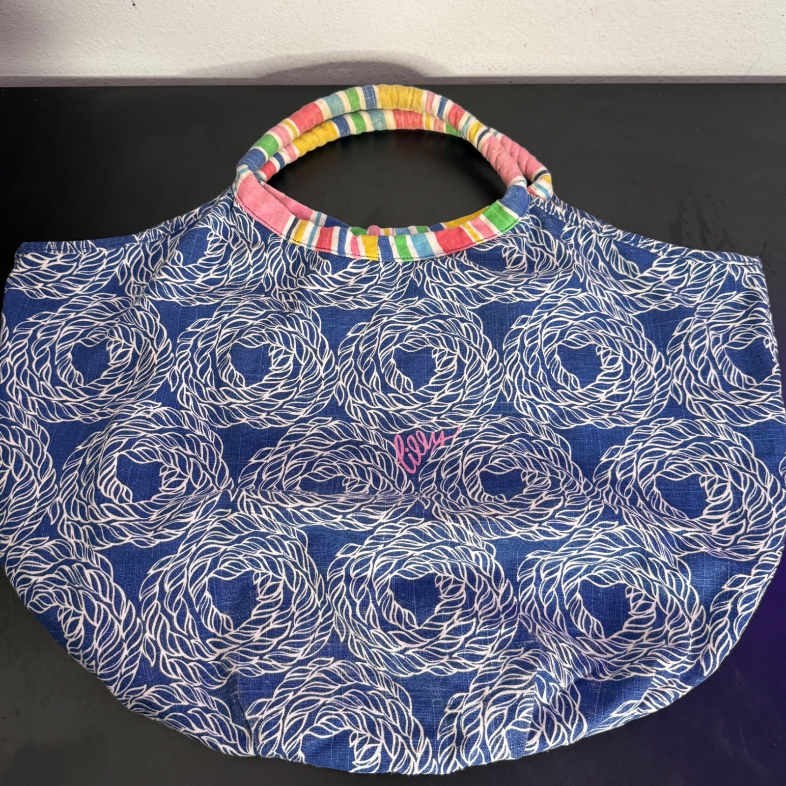 Lilly Pulitzer True Blue Knots BOHO Beach Bag Nautical Rope Print Linen Cotton