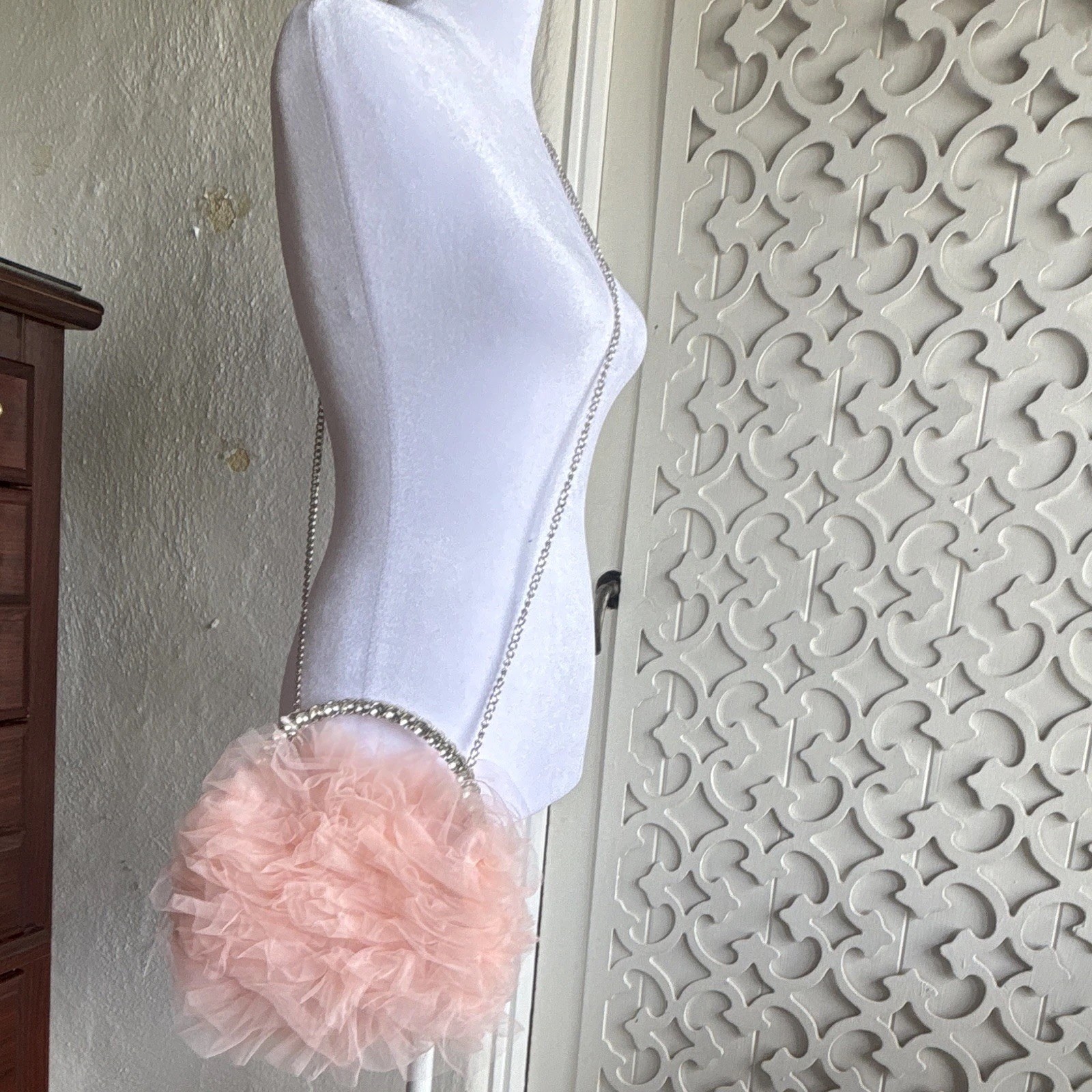 Alessia Pink Round Crossbody Bag, Ruffle, Silver Chain Strap, Magnetic, Wedding