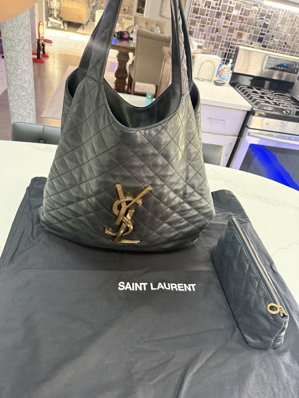 Saint Laurent YSL Icare Maxi Shopping Tote Bag Black Quilted Lambskin Leather