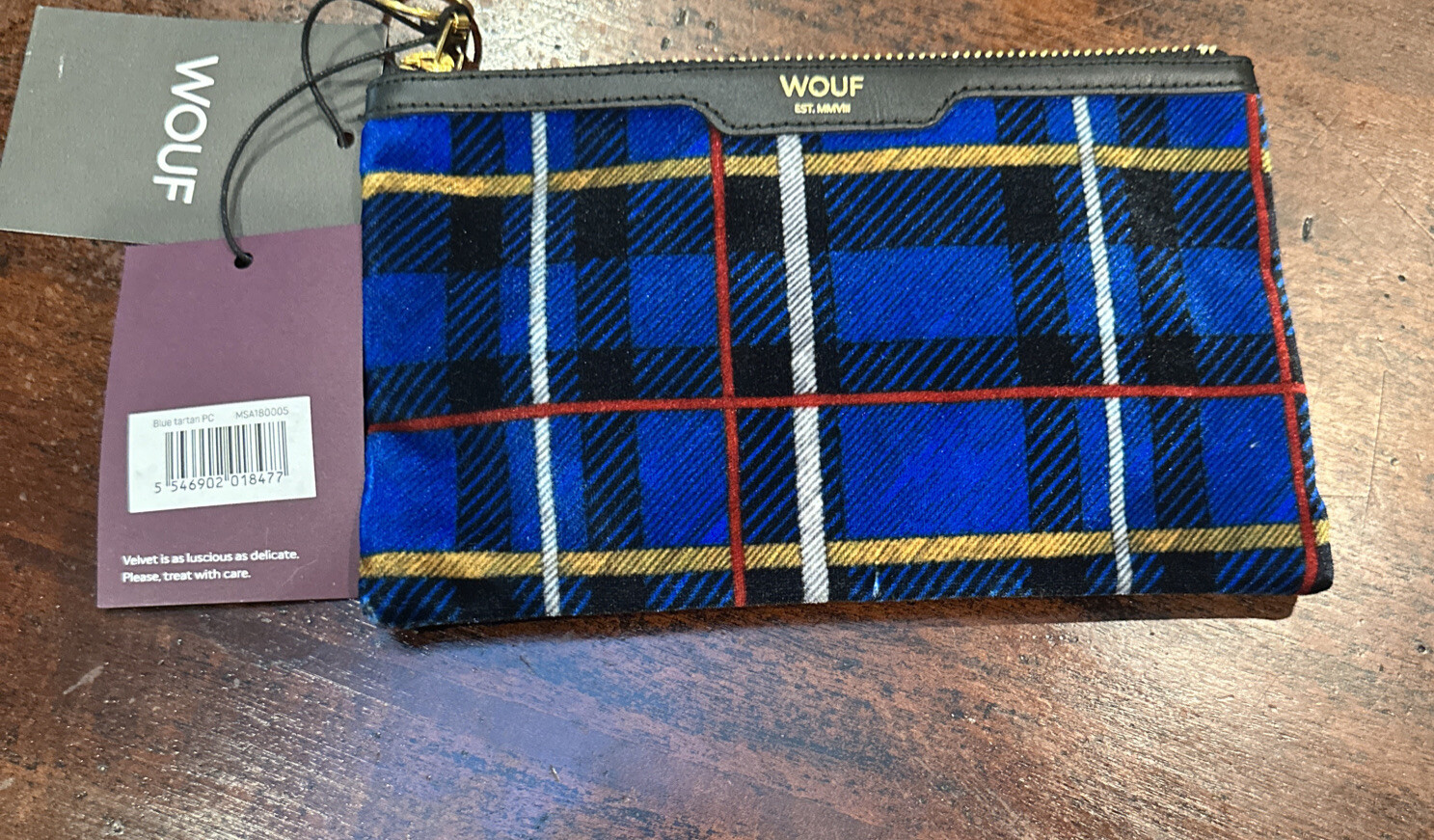 WOUF Blue Plaid Velvet Zip Closure Pouch NEW!