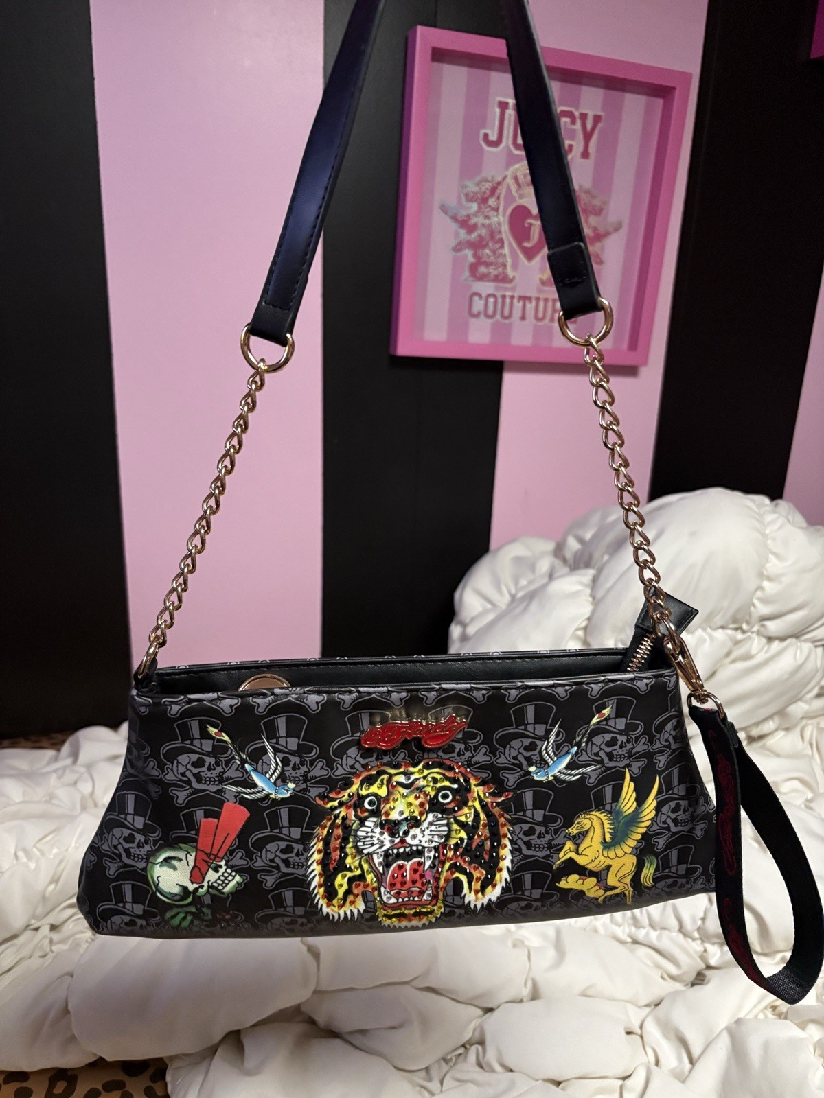 Ed Hardy Small Black Shoulder Bag Zip Top Tiger Graphic