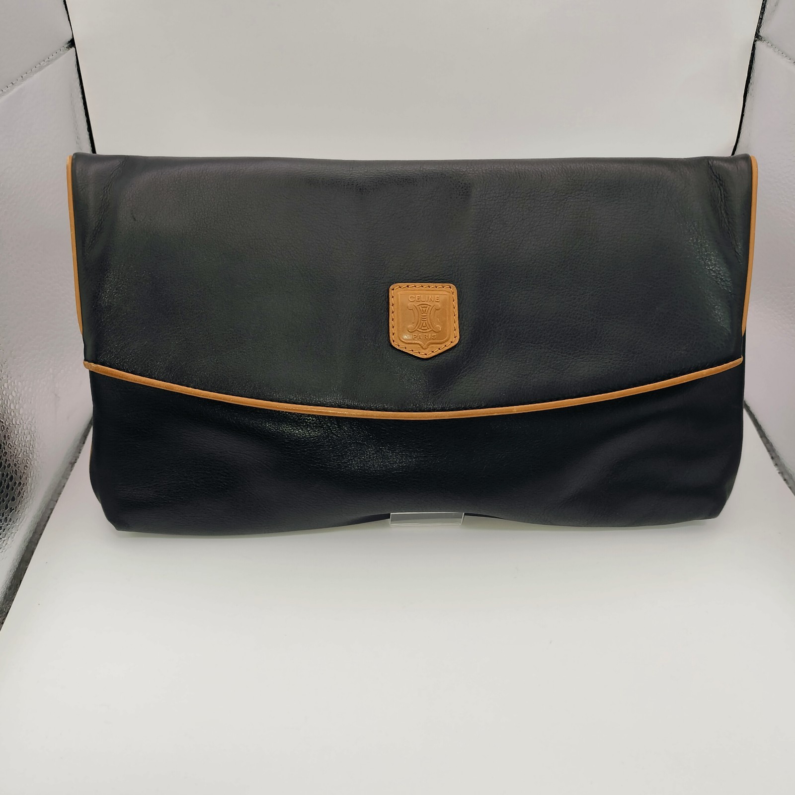 CELINE Clutch Hand bag Purse Leather Triomphe Black #260325