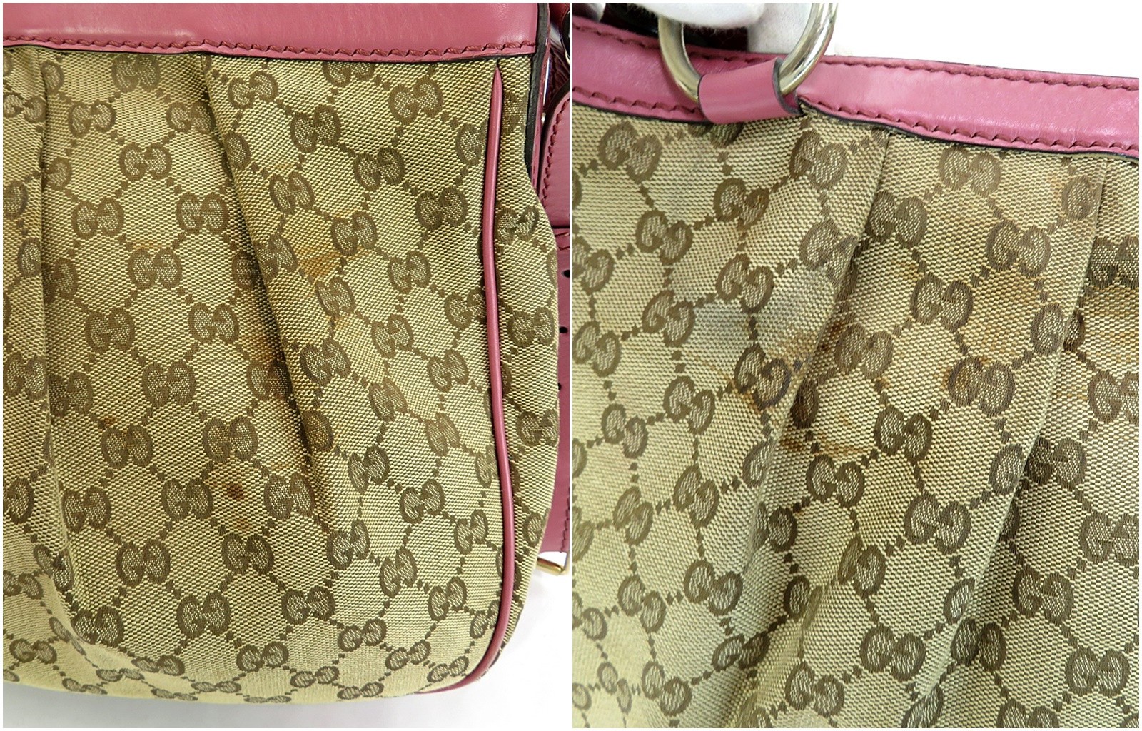 Auth GUCCI Sukey Brown GG Canvas and Pink Leather Shoulder Bag Purse #62121
