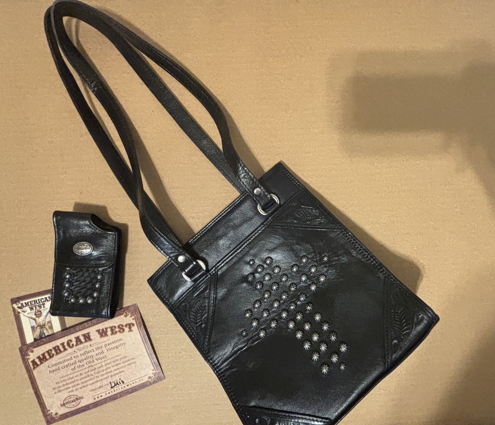 American West Genuine 100% Leather and Stud Cross Hand Bag w Matching Phone Case