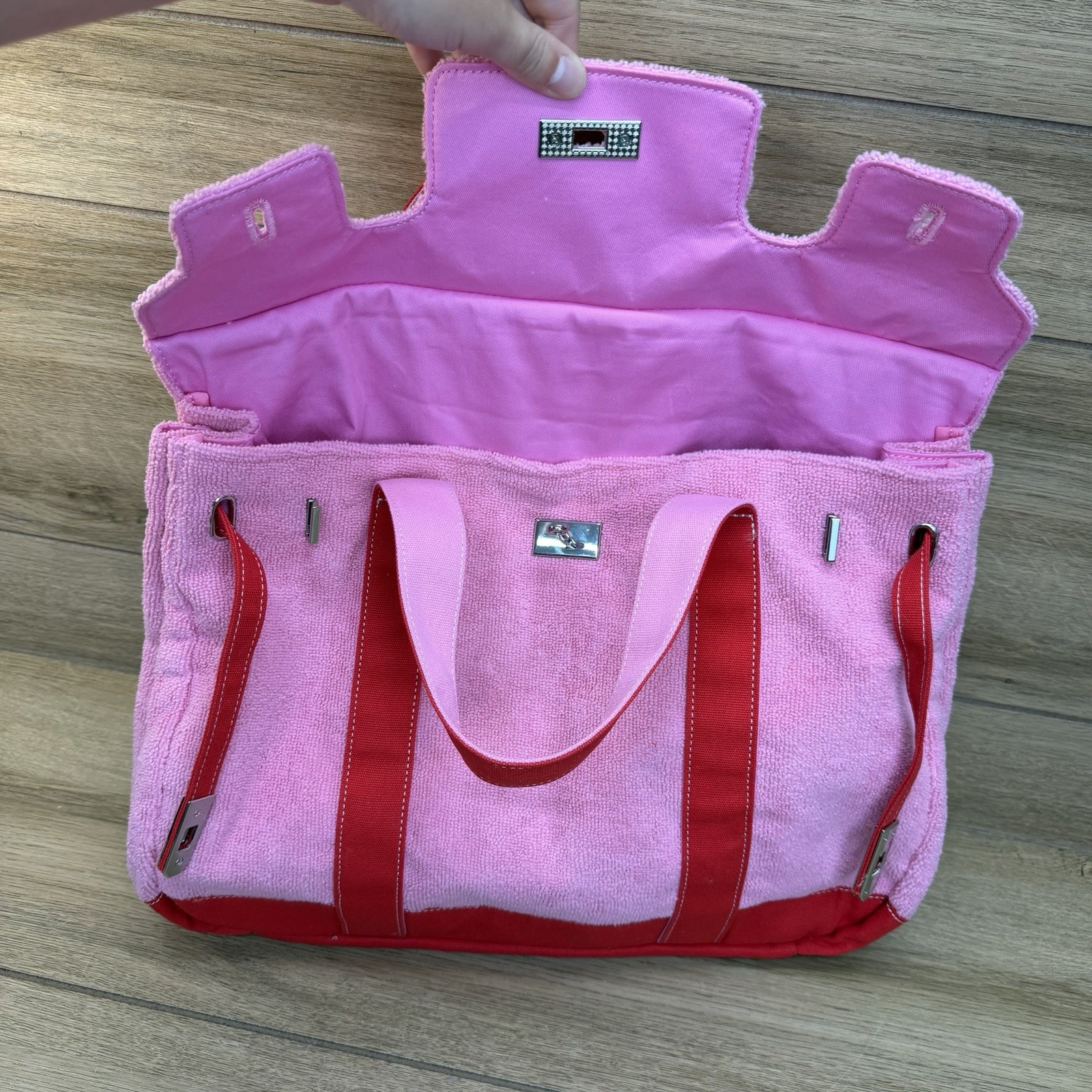 NEW Boatkin Sunwin Madaket Large Classic Tote Bag Terry Cloth Canvas Red Pink