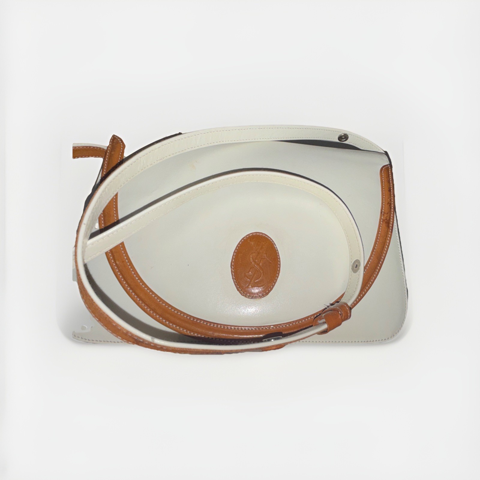 Yves Saint Laurent White/Brown Flap Shoulder Bag Small Logo Silver Hardware