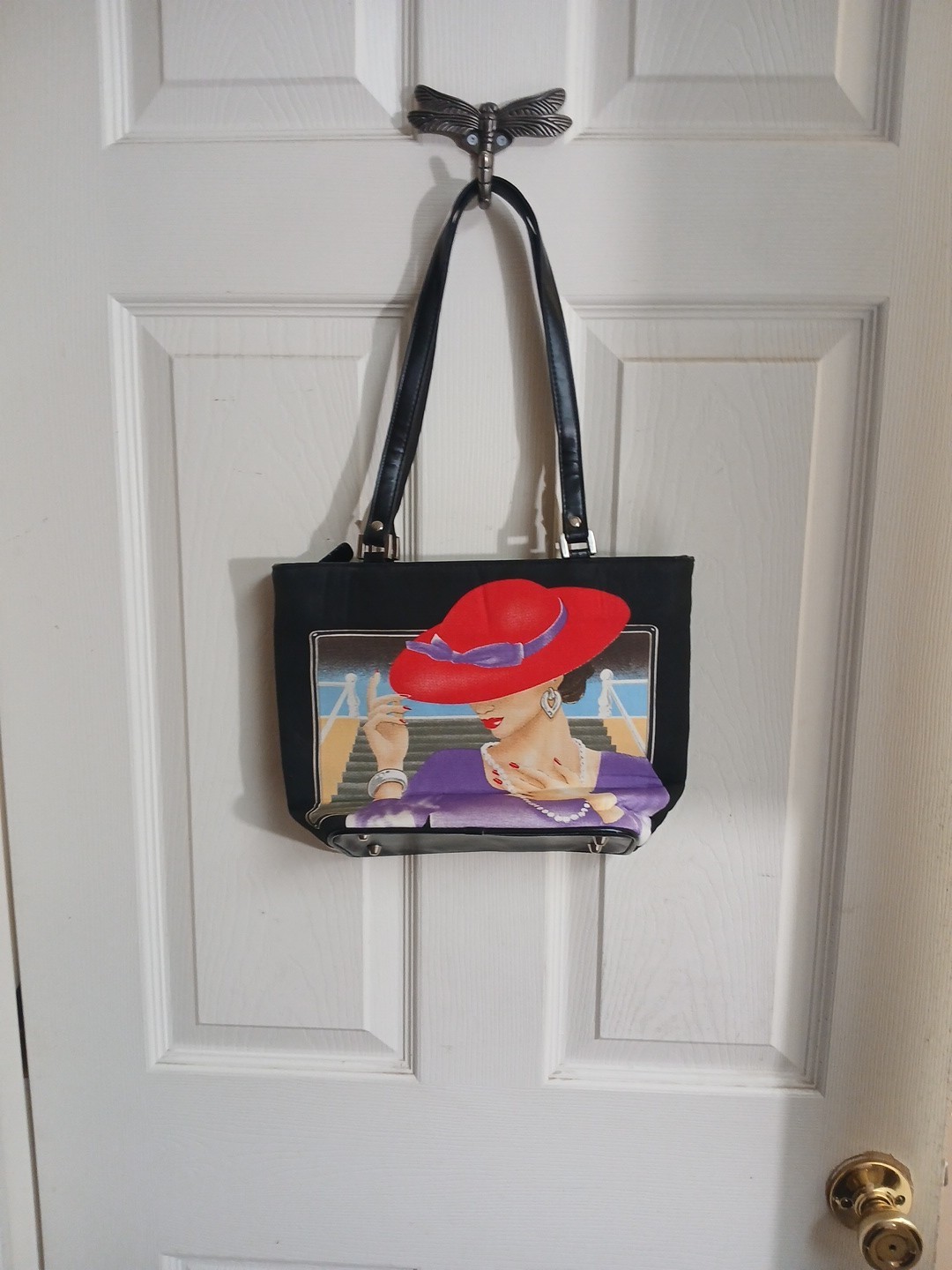 Red Hat Blanco Braciano Tote Purse Lady Head Red Hat W Beads Bling