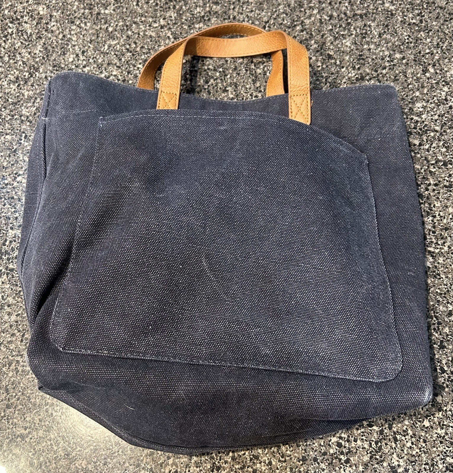 Thirty-One Navy Blue Canvas Crossbody Open Tote Bag Brown Straps Brass Hardware