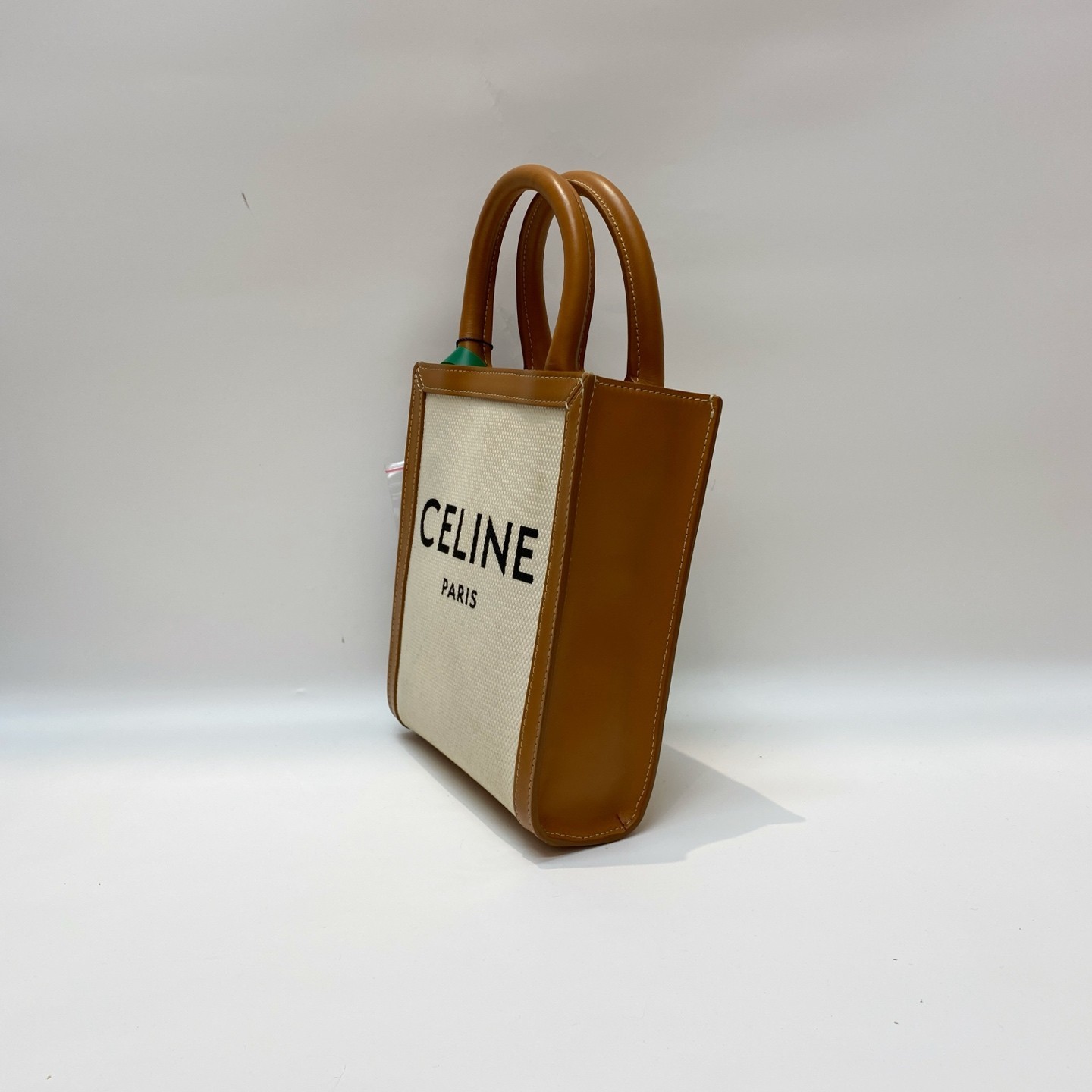 Preloved Celine Mini Vertical Tote Off White Canvas Tan Leather Crossbody bag