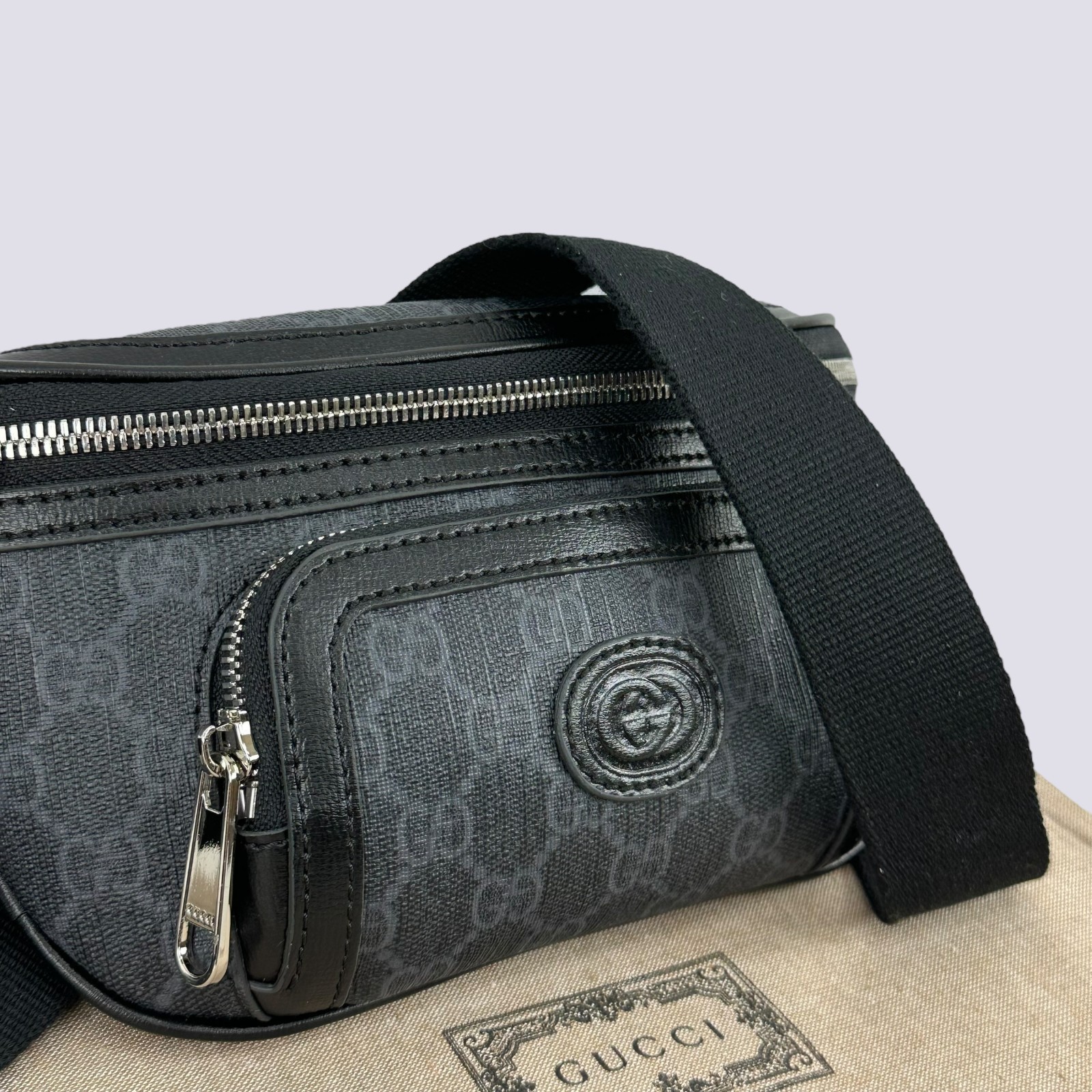Gucci GG Monogram Interlocking G Canvas Leather Crossbody Belt Bag Black 682933