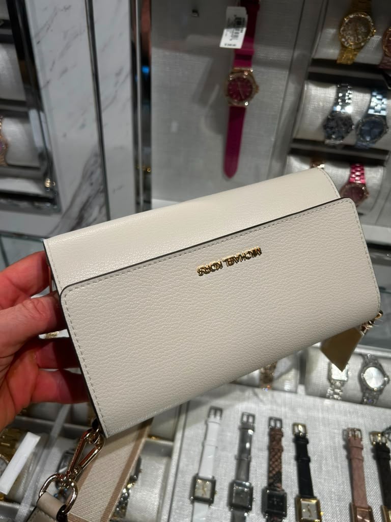 Michael Kors Women Large Jet Set Leather Zip Crossbody Purse Bag Light Cream