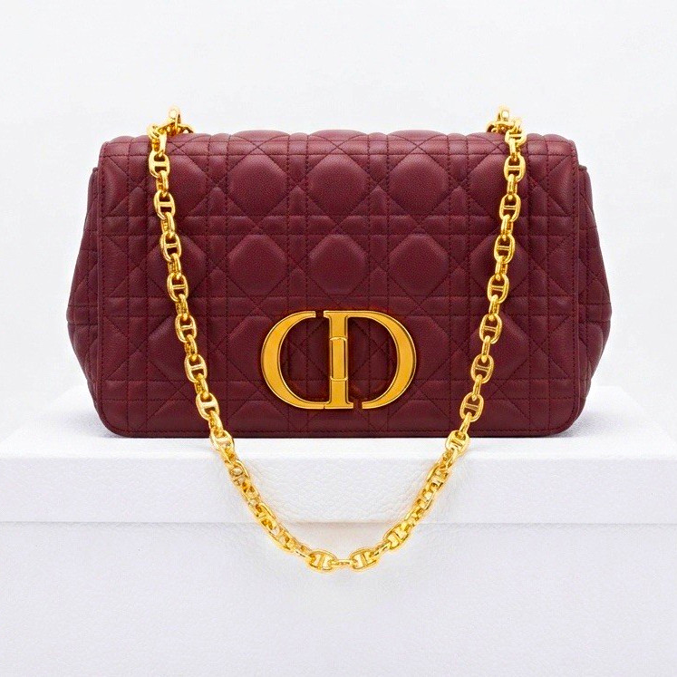Dior Burgundy Quilted Shoulder Bag Chain Strap Flap Gold Hardware, Card