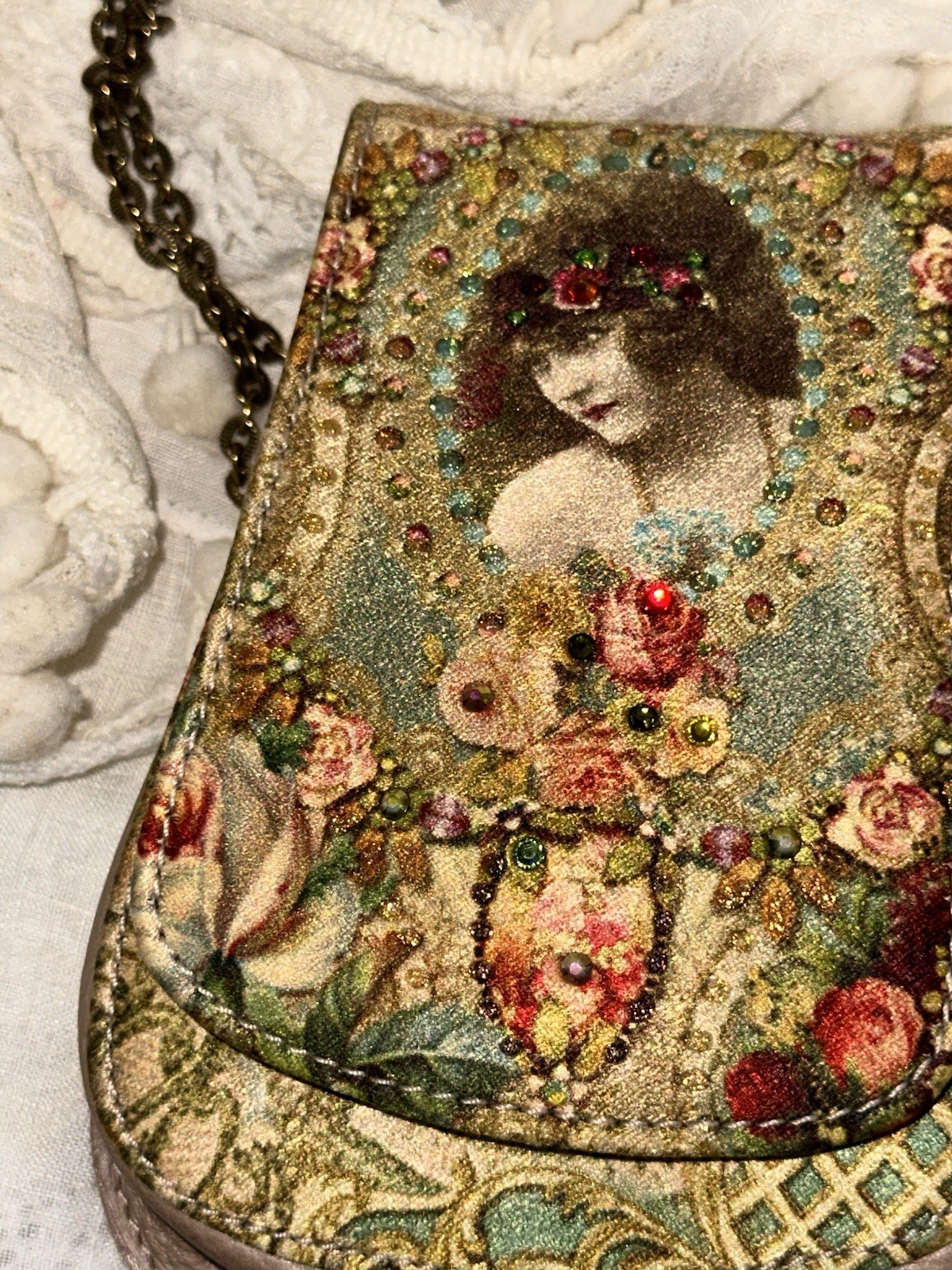 Michal Negrin printed leather w/Swarovski crystals cross body purse on chain