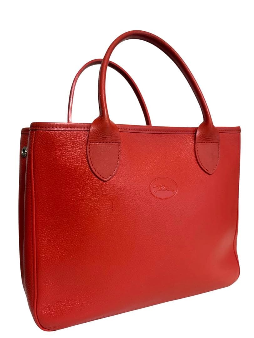 Longchamp Pebbled Leather Tote Red A4 Magnetic Button Embossed Horse Logo Auth