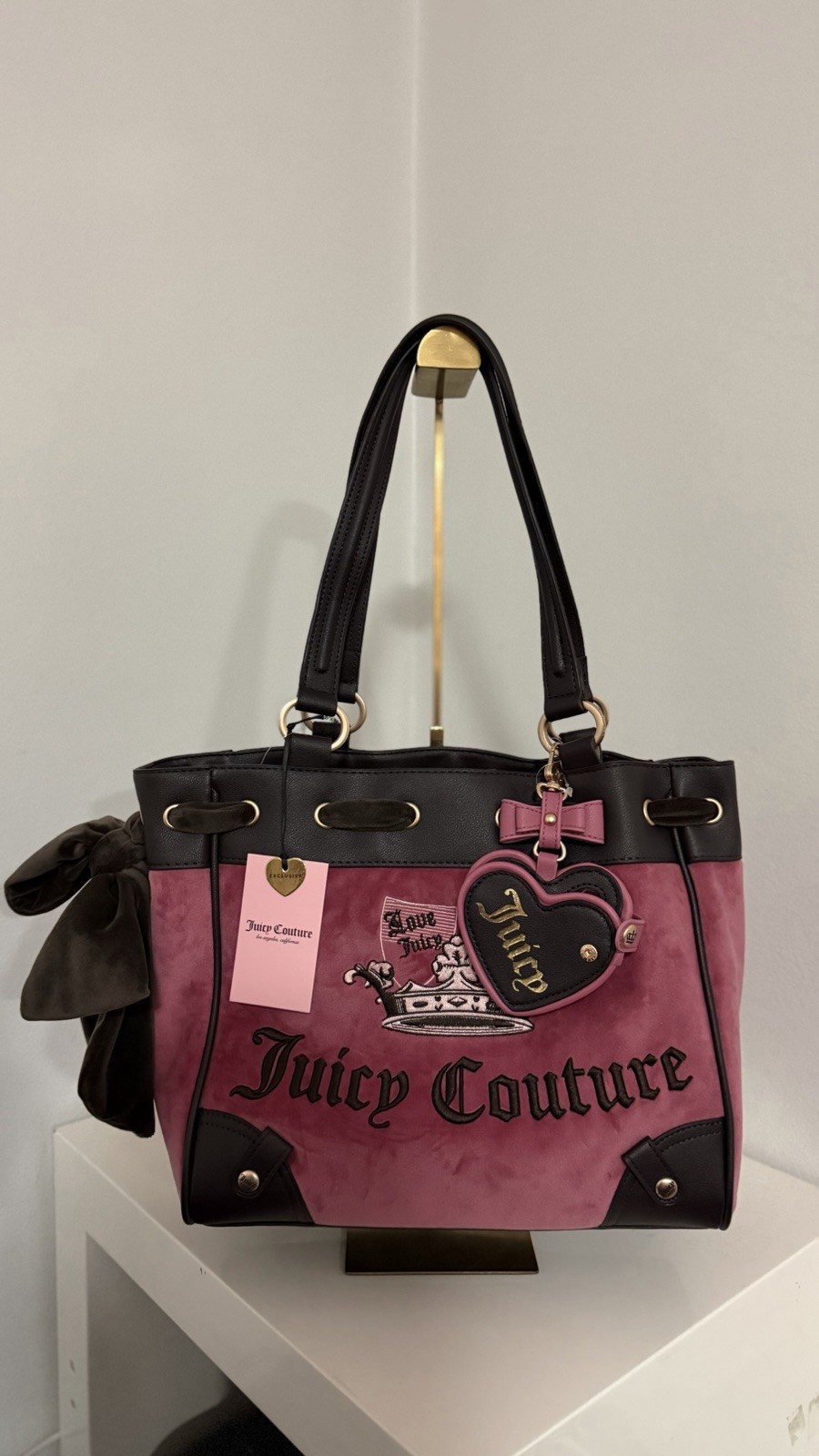 Juicy Couture Chateau Rose Crown Tote w Bow Heart Charm Mirror