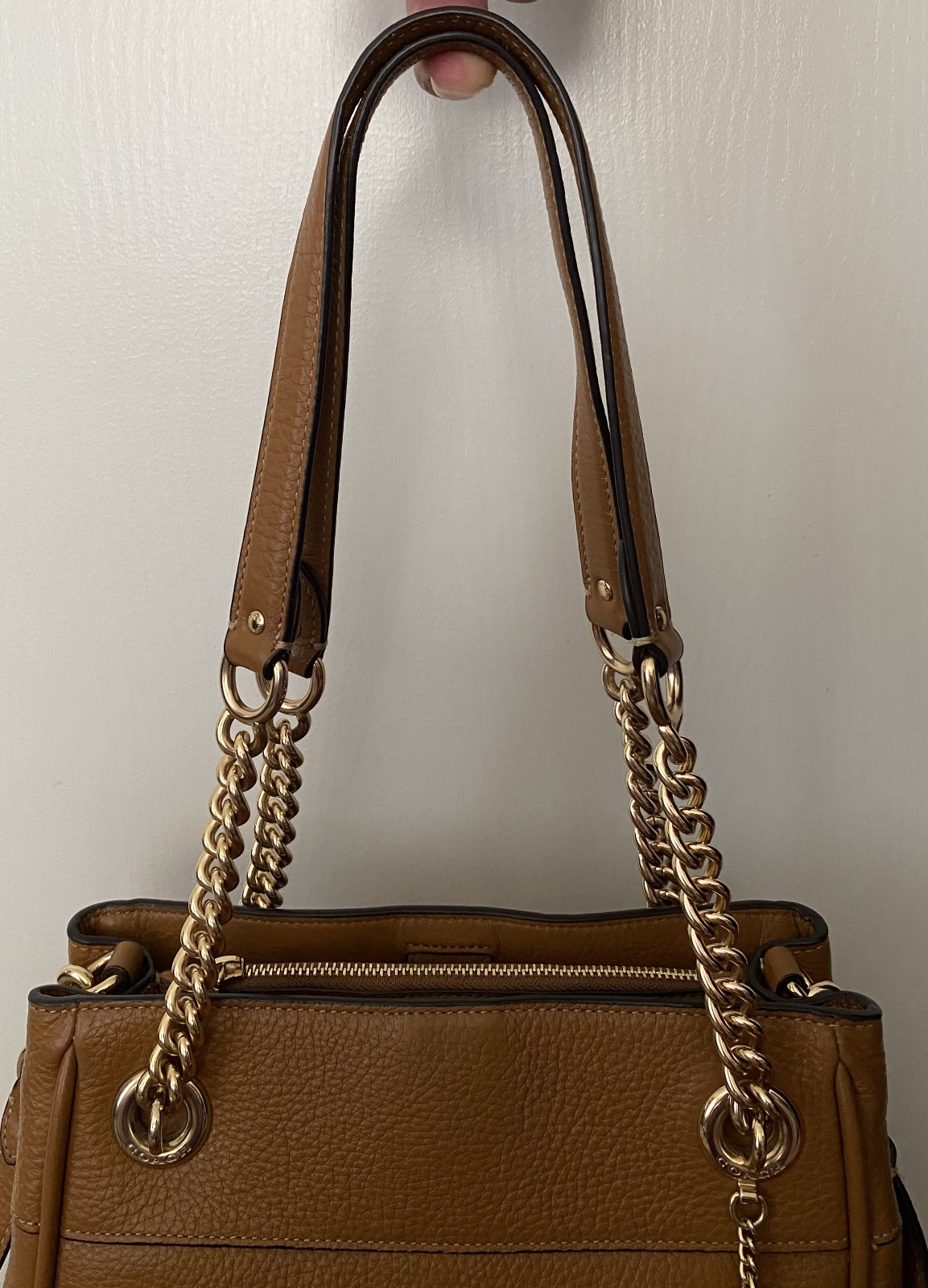 Coach Cammie C8315 Tan Camel Leather Bucket Handbag Gold Chain Crossbody