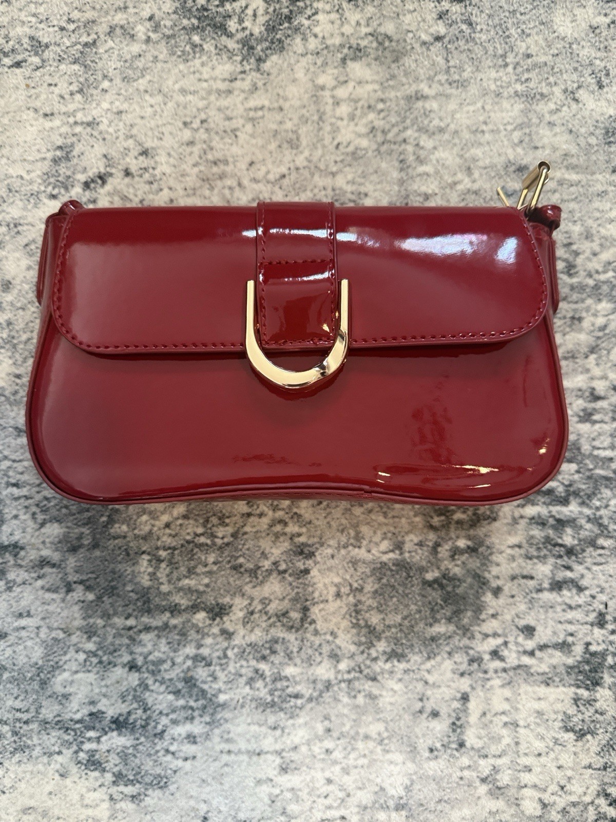 Red Patent Leather Shoulder Bag with Gold Tone Buckle Closure, Y2K Aesthetic