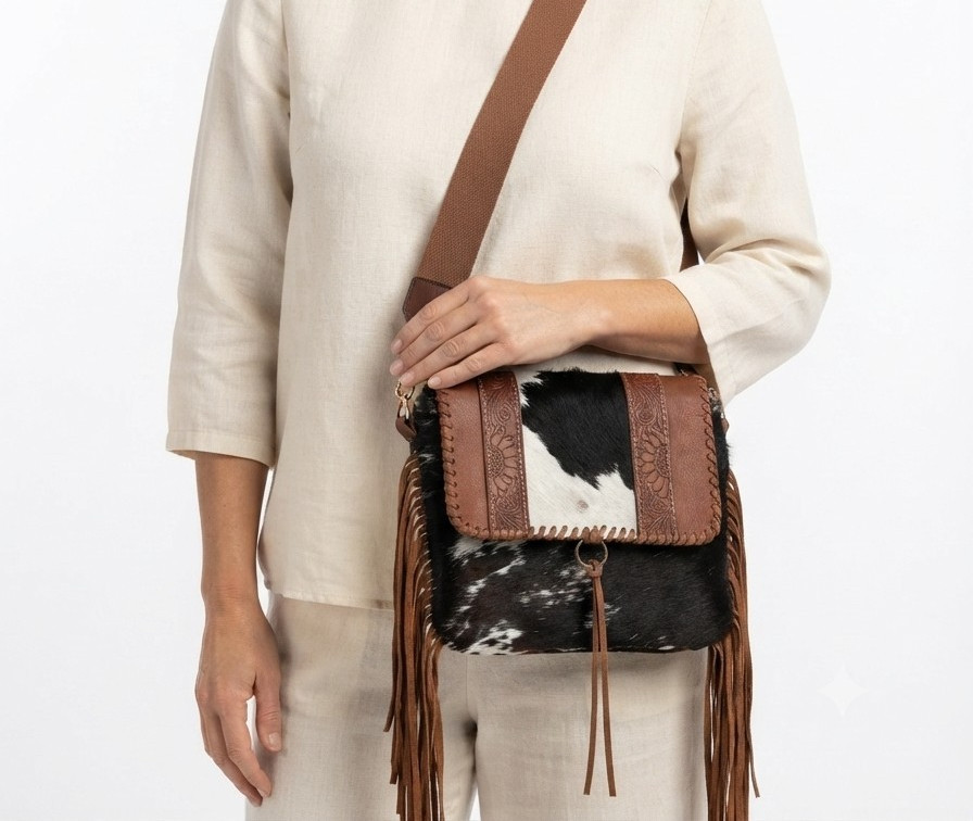 Myra Bag Cowhide & Hand Tooled Leather Crossbody Western Fringe Adjustable Strap