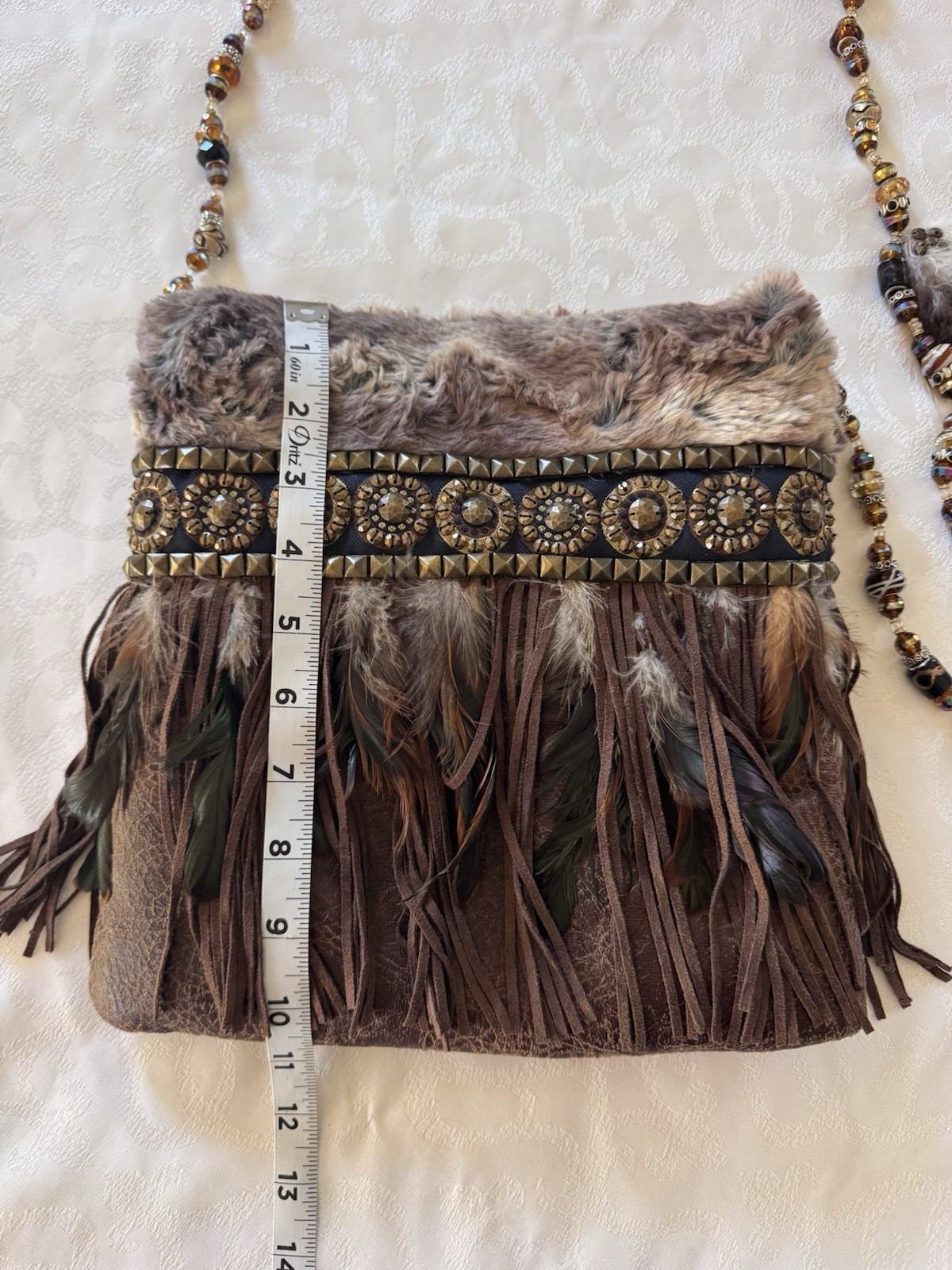 Handmade Boho Fringe Crossbody Purse Beaded Strap Faux Fur Feather Festival Bag