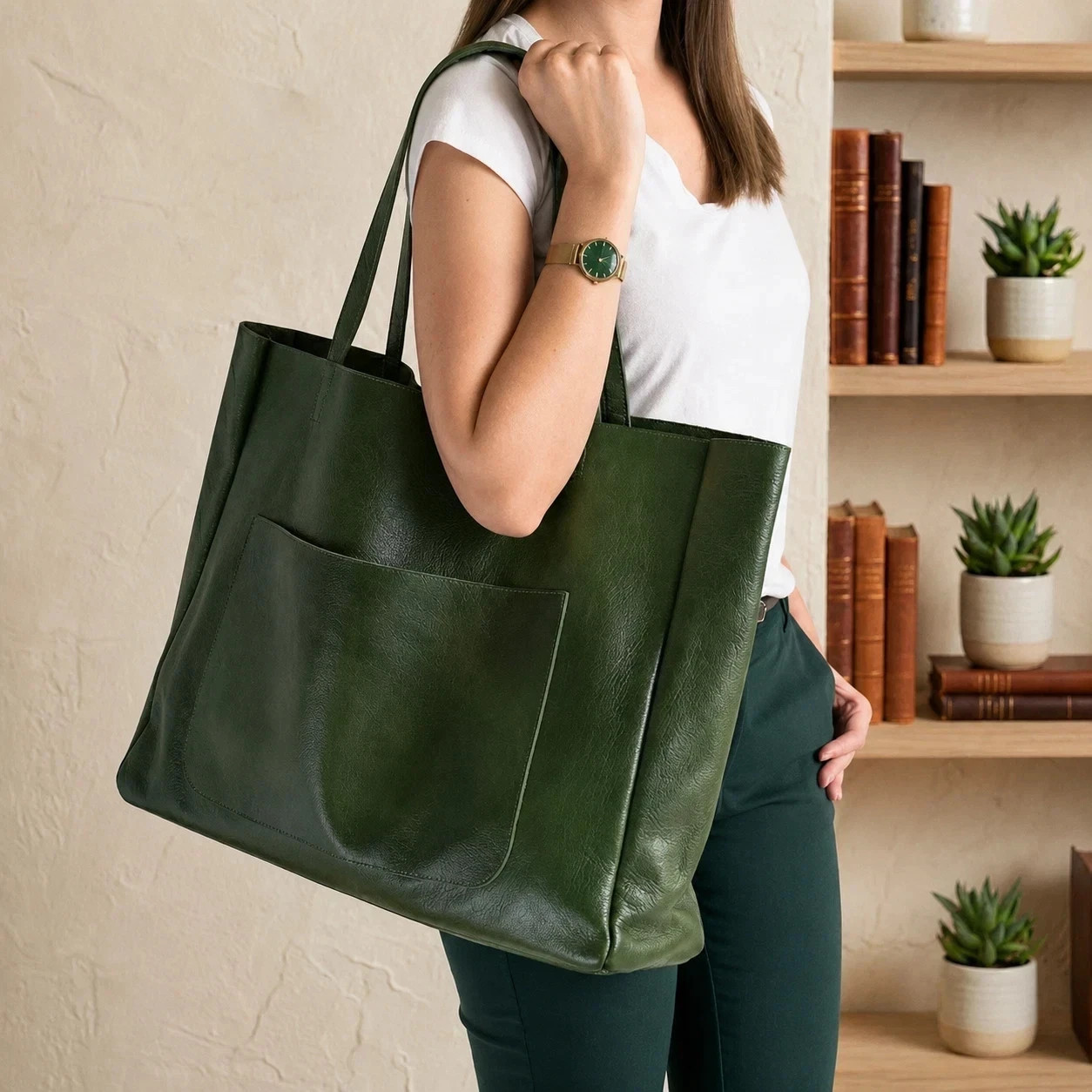 Large Green Leather Tote Bag Women Shoulder Handbag Shopper Laptop Work Travel