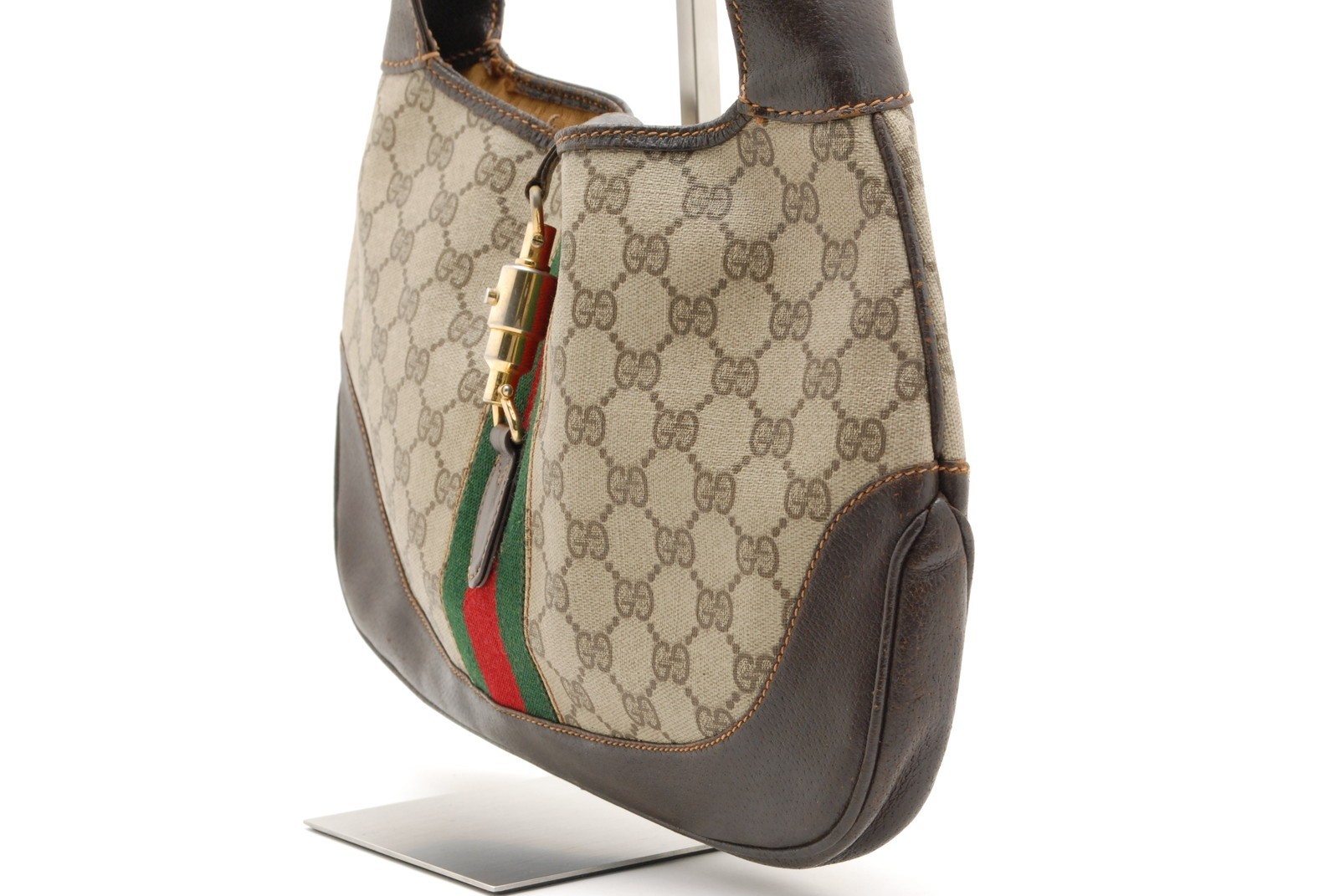 Gucci GG Canvas Web Stripe Shoulder Bag Beige Brown Leather Italy Vintage