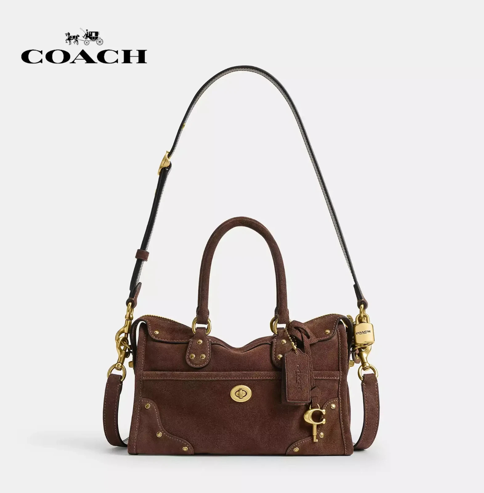 NEW Coach Rhyder Satchel Bag 24 In Suede Leather Brass Dark Chocolate CFN70