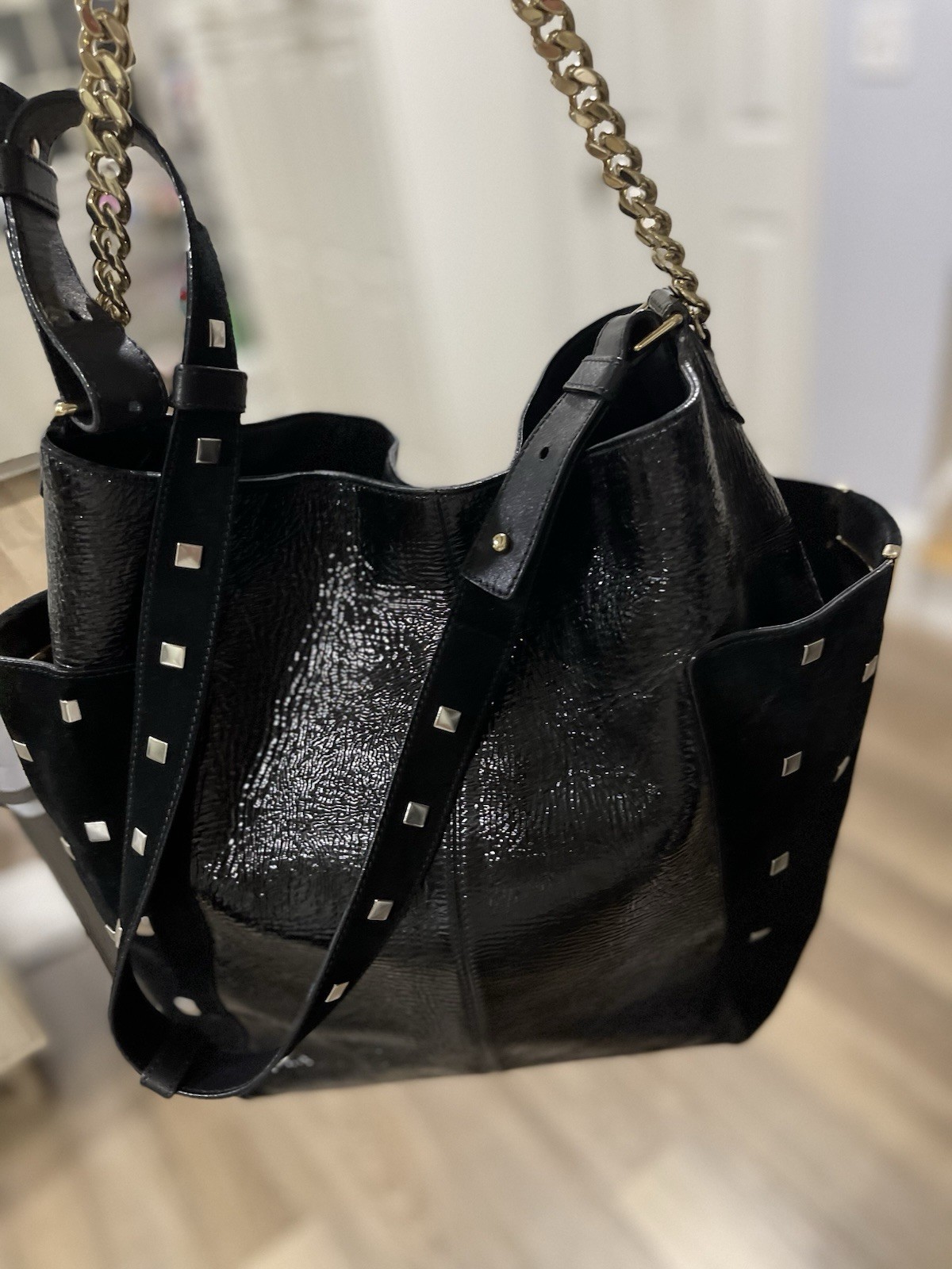 Jimmy Choo Hobo Anna Black Suede Chain Large Very Good Patent Leather Bag