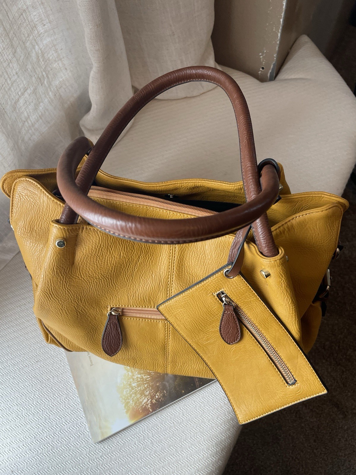 Yellow and Brown Shoulder Bag with Pouch, Detachable Strap, Gold Hardware