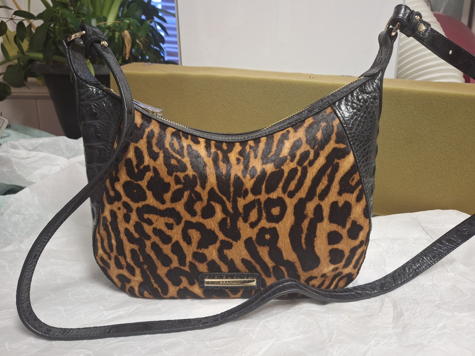 Brahmin Damson Collection Black Leapord Corinne Crossbody Bag