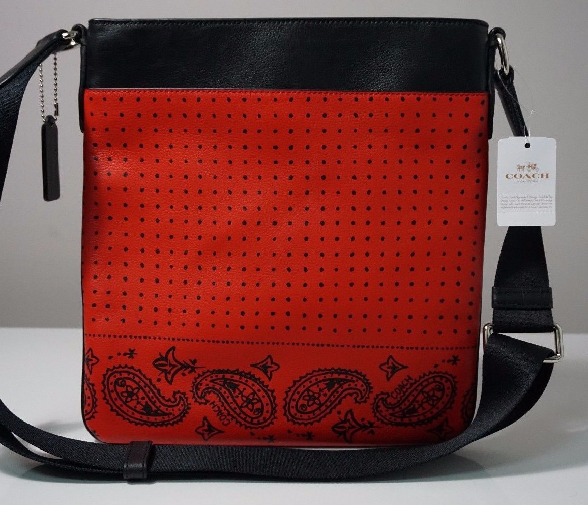 Coach Charles Red/Black Bandana Printed Leather Sport Calf Crossbody Bag F55961