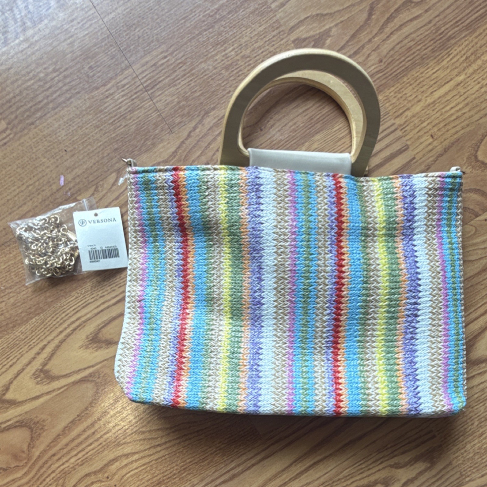 Versona Multicolor Striped Top Handle Satchel Detachable Chain Strap Zip