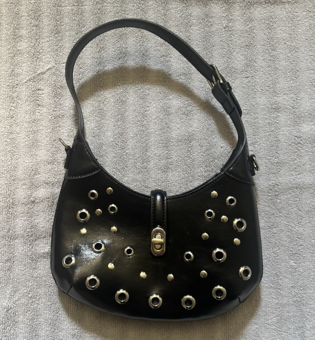 Women’s Black Small Crescent Shoulder Bag Silver Grommets Buckle, Adjust Strap
