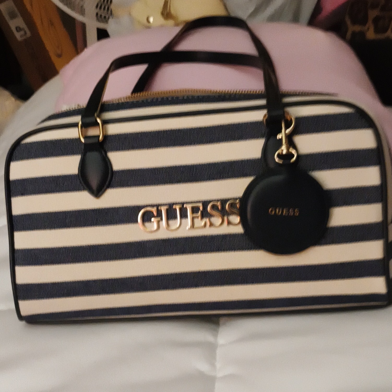 GUESS Navy & White Striped Satchel Top Handle Bag Zip Inner Pockets Gold Charm