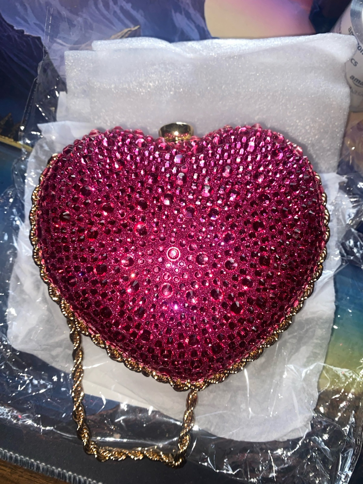 Pink Rhinestone Embellished Heart Lined Purse Gold Chain Gift