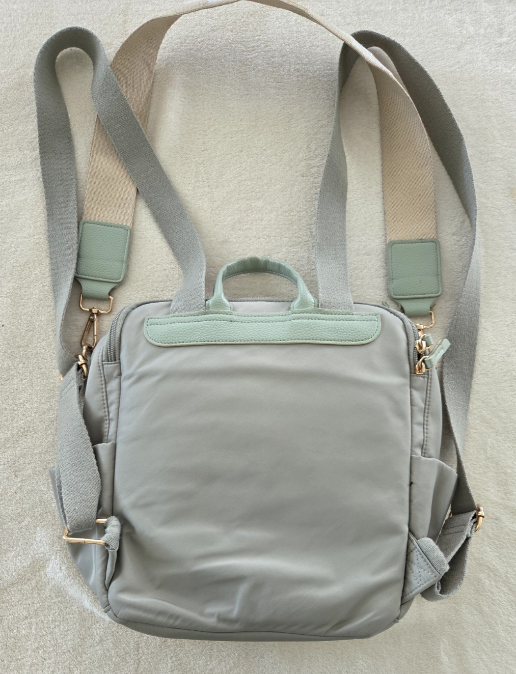 Haute Hippie On The Go Backpack Gray Green Nylon Diaper Bag Zip Pockets Zipper