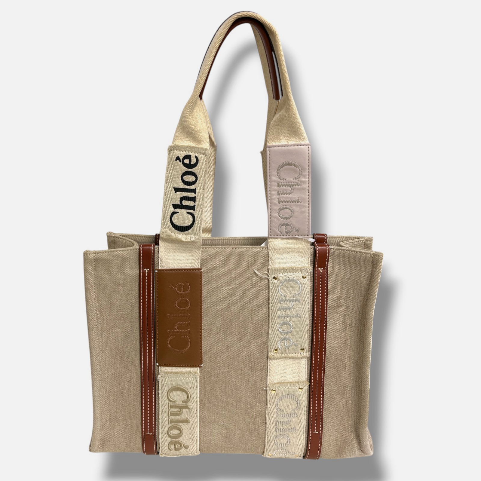 Chloe Women’s Beige Woody Medium Linen Leather Logo Purse Patchwork Tote Bag
