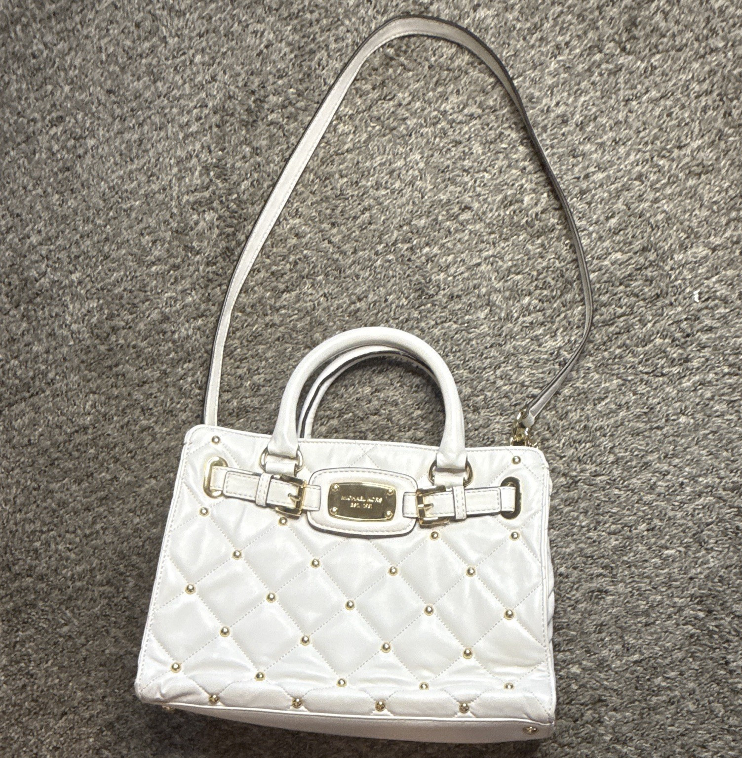 Michael Kors White Medium Satchel Top Handle, Studded, Zip, Detachable Strap