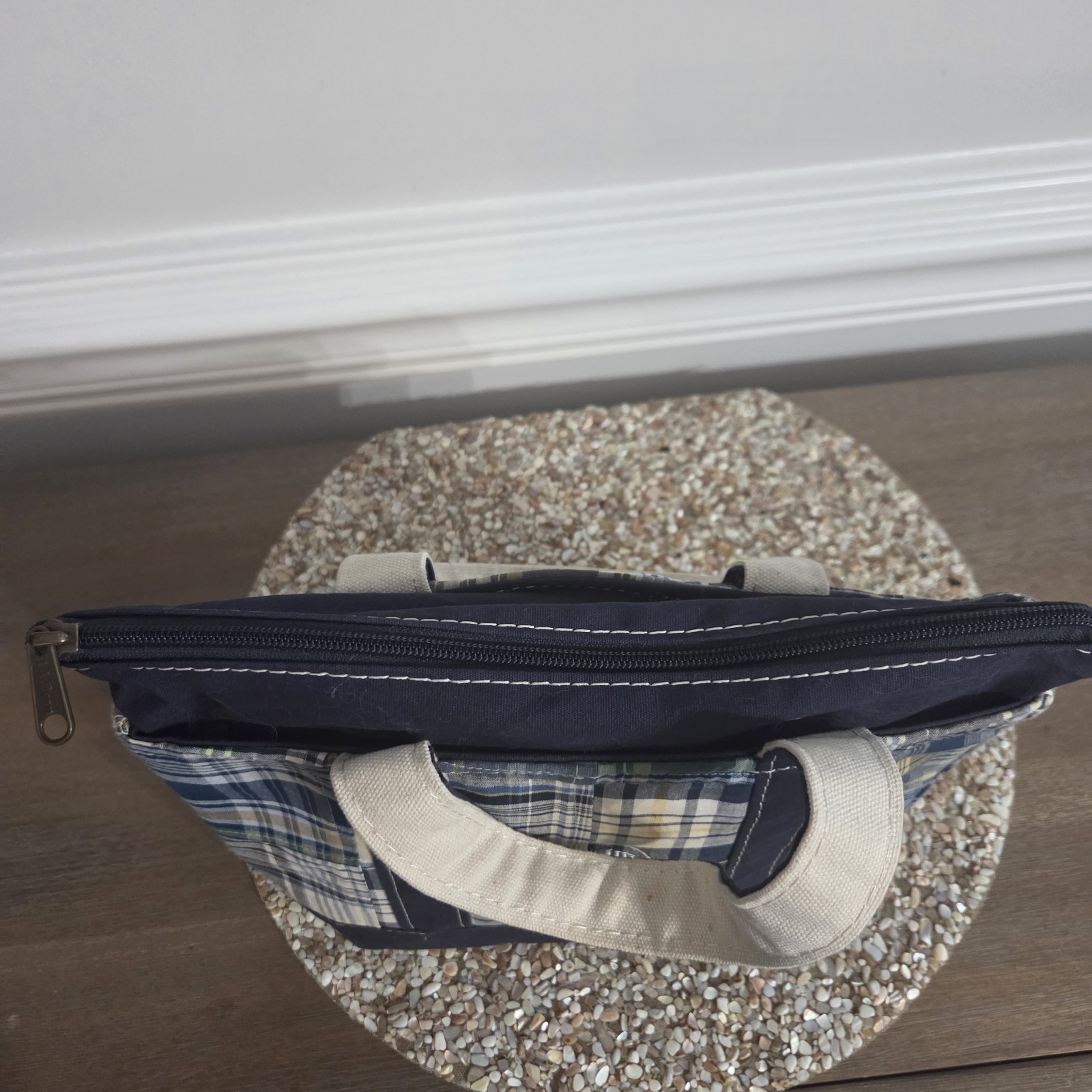 LL Bean Mini Boat & Tote Bag Plaid Patchwork Blue Handles Zip Close 10Lx8Hx4W