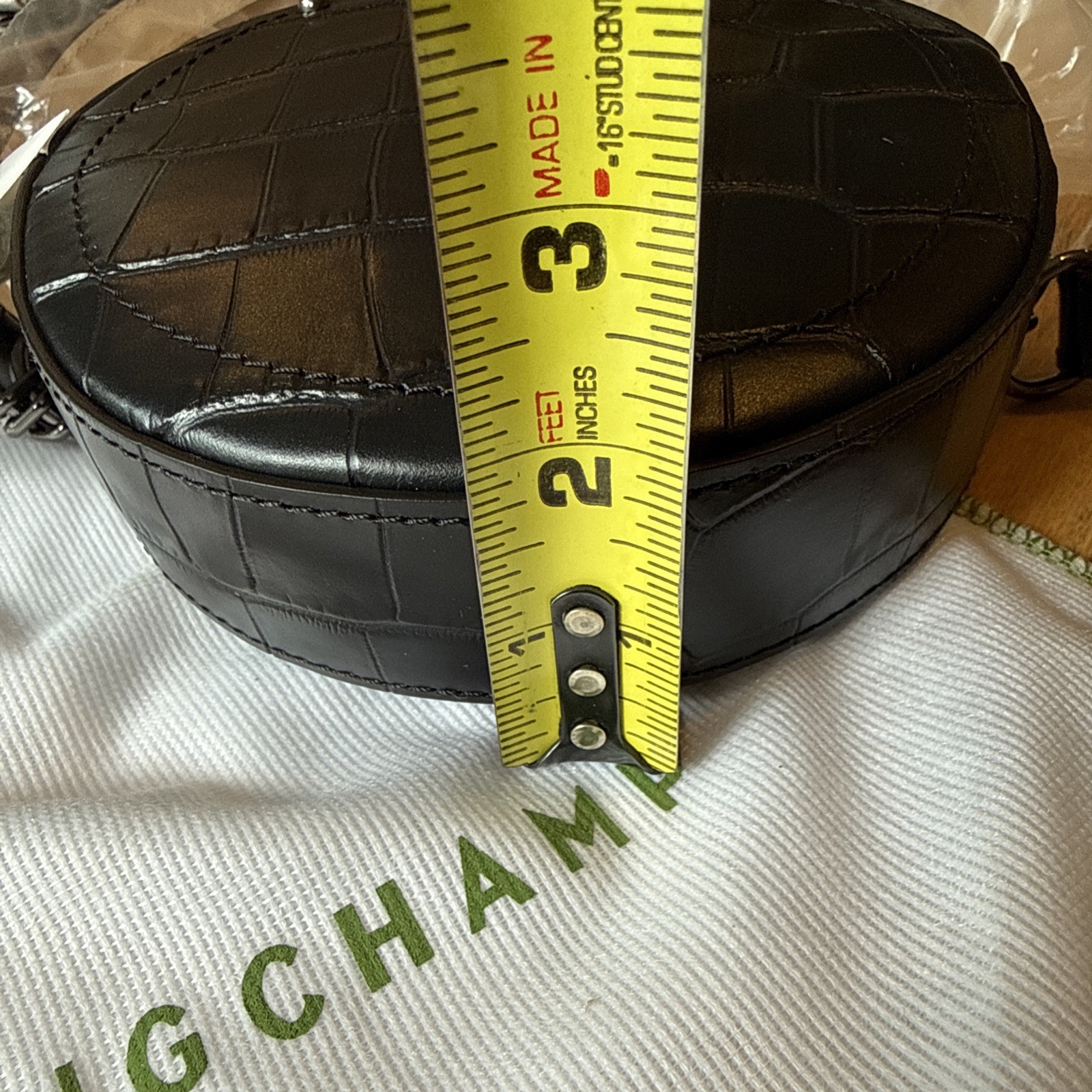 LONGCHAMP CrocoEmbossed Round Belt Bag Black 16cm Dia 4 5cm Authentic NWT