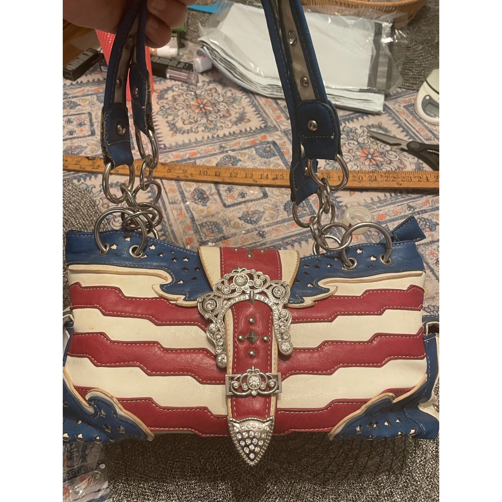 Western American Flag Rhinestone Buckle Shoulder Bag Red White Blue Studded