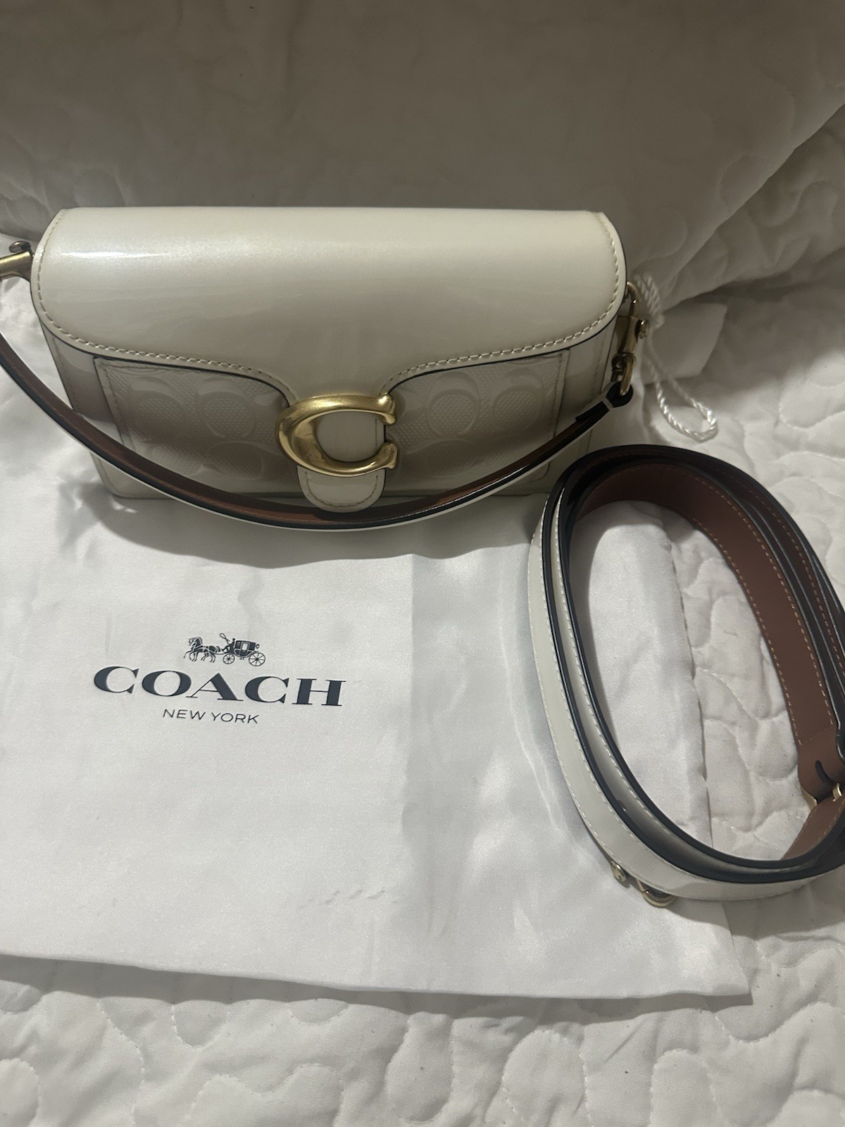 Coach Tabby Small Signature Logo Crossbody Bag White/Brown, Detachable Strap