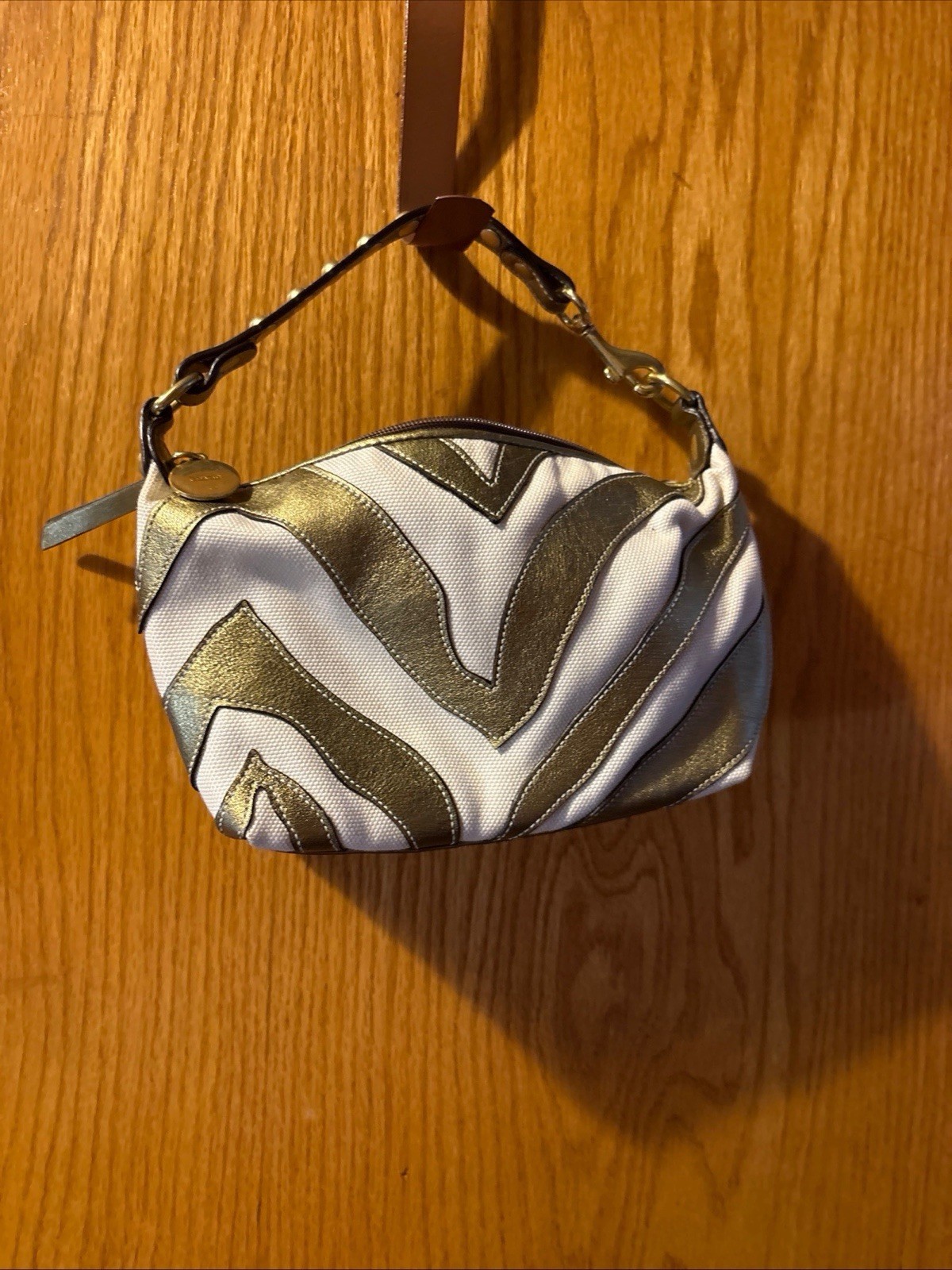 Coach Small Shoulder Bag White Metallic Gold Wave Pattern Hobo