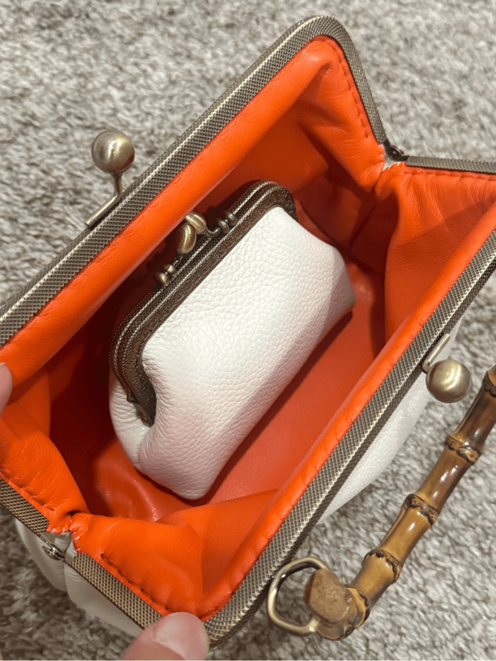 Handsewn Genuine Pebble Leather, Retro Style Kisslock & Bamboo Handle Bag Set