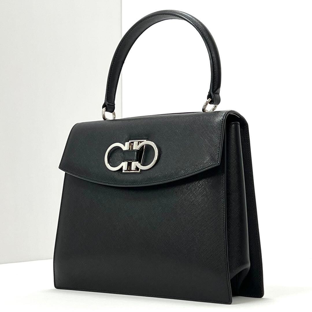 Salvatore Ferragamo Handbag Double Gancini Black Vintage Authentic From Japan